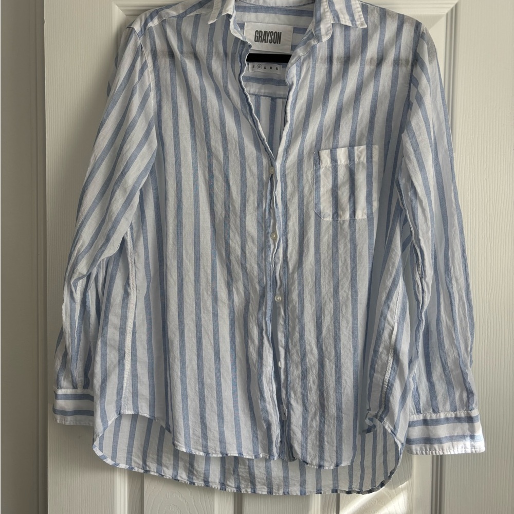 Greyson Women's Blue and White Striped Button-Down Shirt